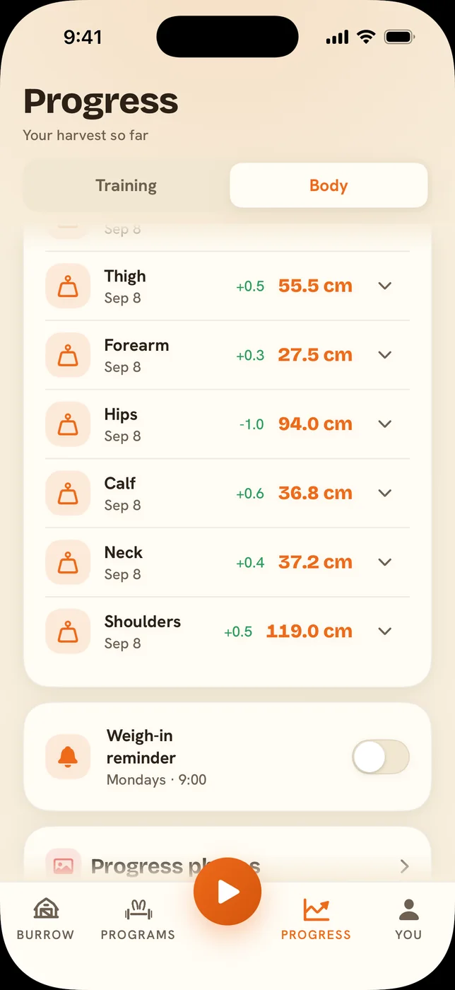 Body tab measurements: thigh 55.5 cm, forearm 27.5 cm, hips 94.0 cm, calf 36.8 cm, neck 37.2 cm and shoulders 119.0 cm, each with the change since the last entry.