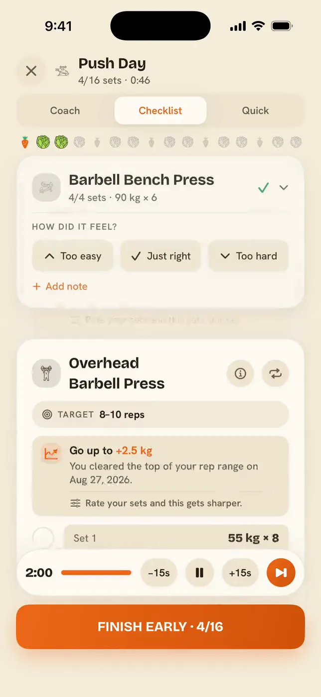 Checklist mode after a finished exercise: four sets ticked off at 90 kg and the question How did it feel, with Too easy, Just right and Too hard.